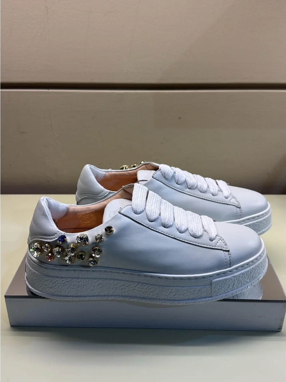 Agl White Leather Platform Sneakers with Crystal Accents - Picture 1 of 4